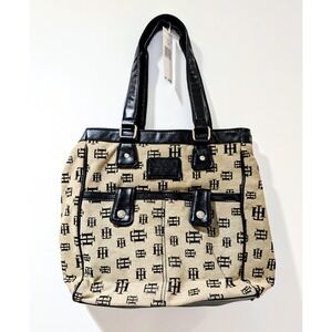 Tommy Hilfiger Willow Tote Monogram Canvas Handbag Tan Black 620050 BLCK 001